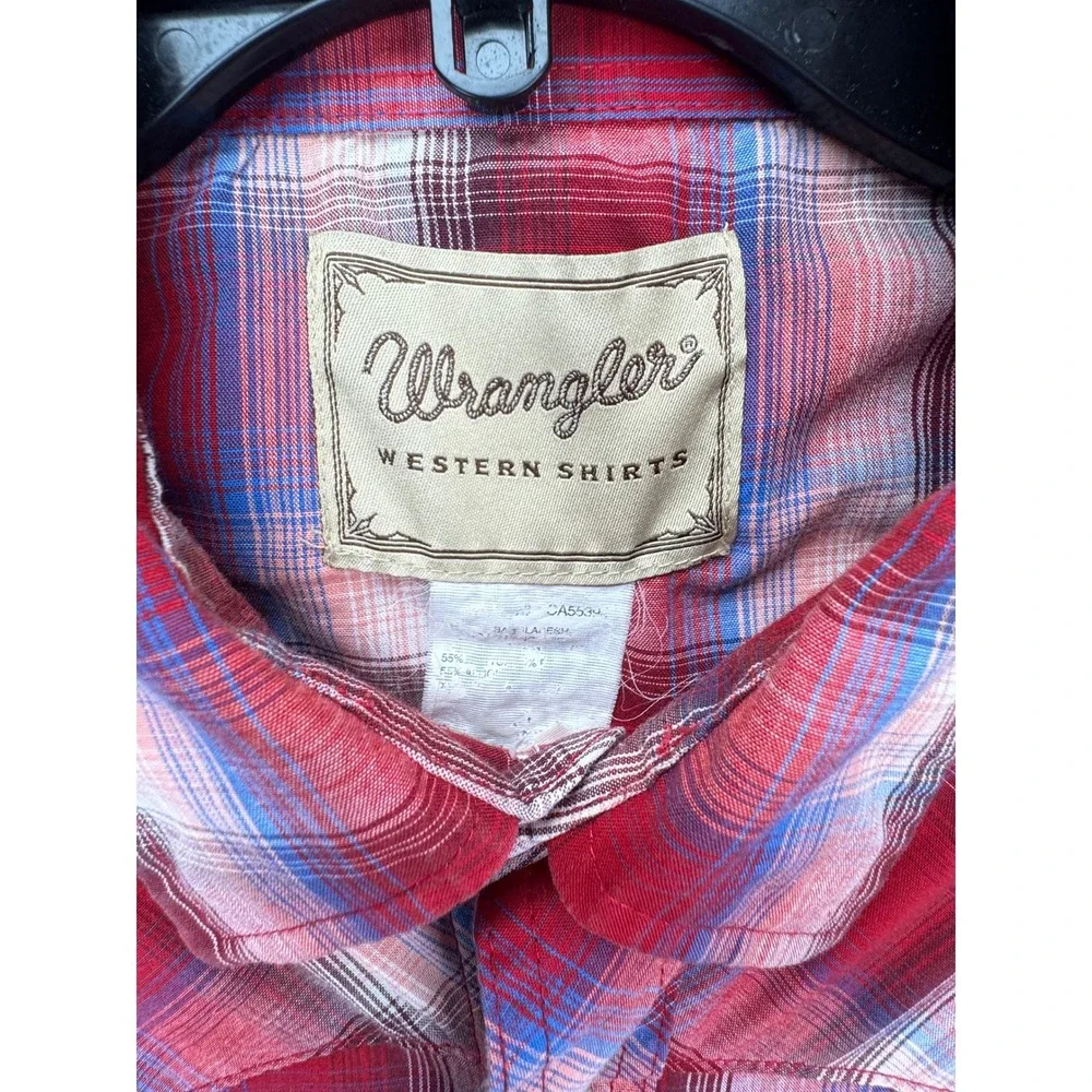 Wrangler Mens Western Shirt XL Red Plaid Pearl Snap Short Sleeve Cotton Blend